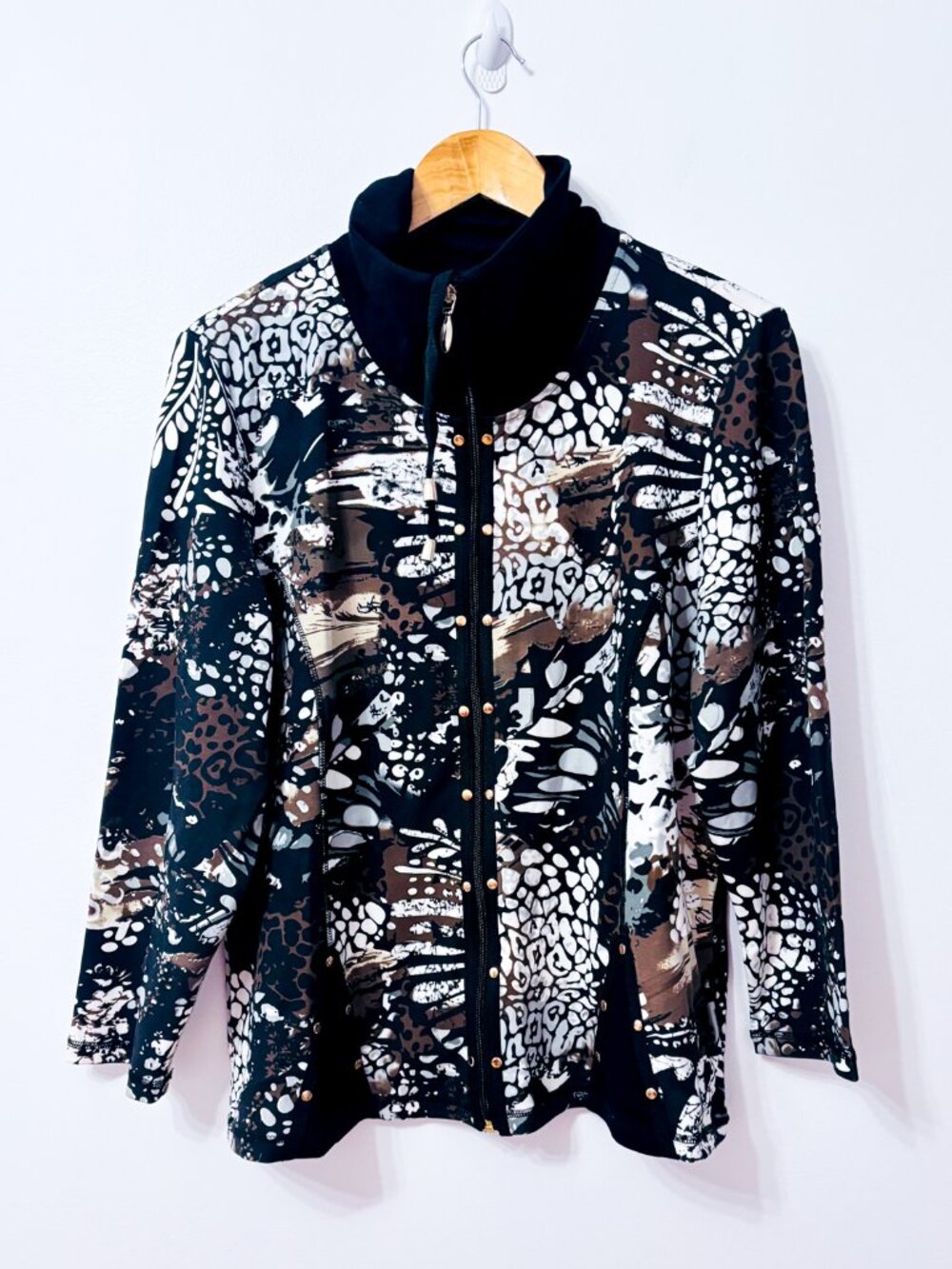 GRAFFITI PETITE Black Brown Abstract Print Full Zip High Collar Jacket X-Large